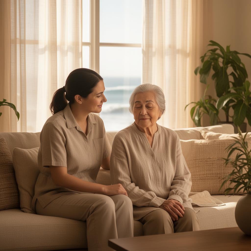 A caregiver providing compassionate support to an elderly woman in a warm, sunlit home