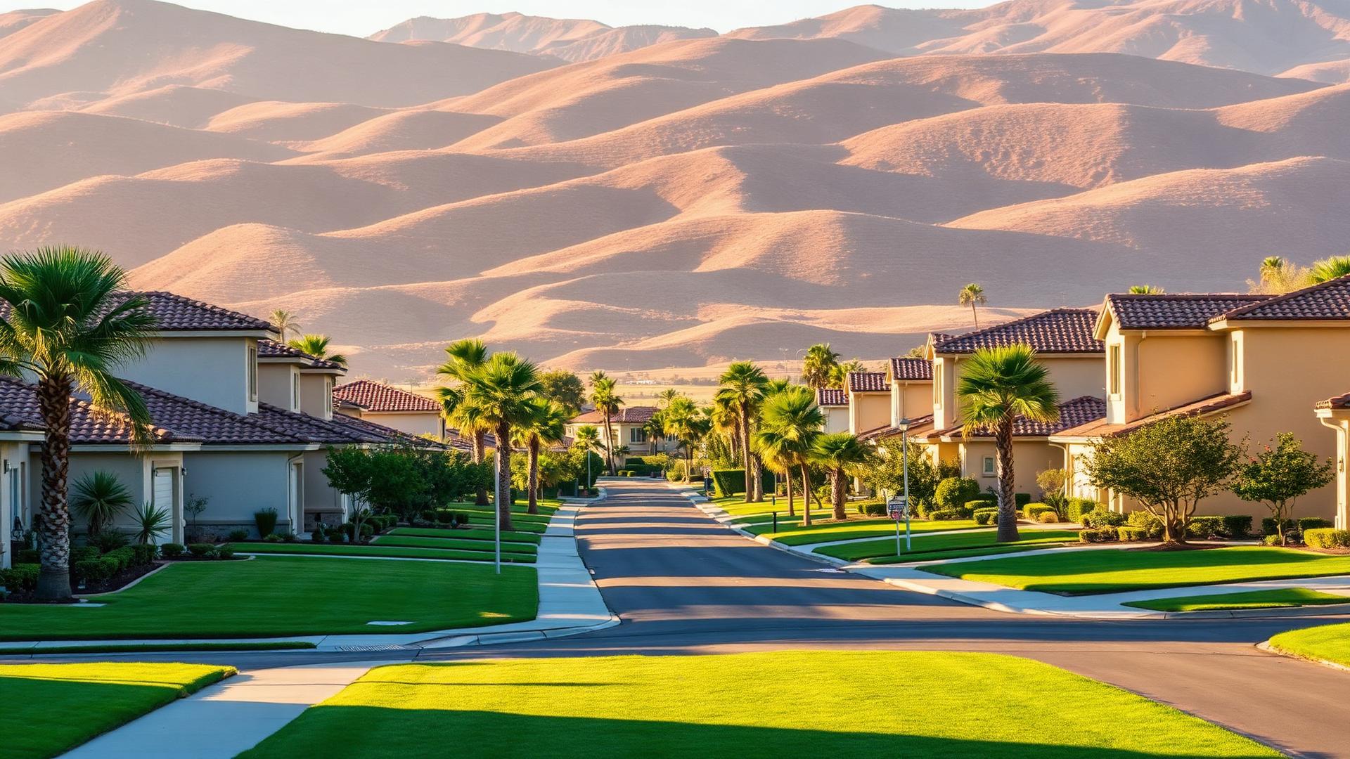 Camarillo California suburban neighborhood with Spanish-style homes and rolling hills