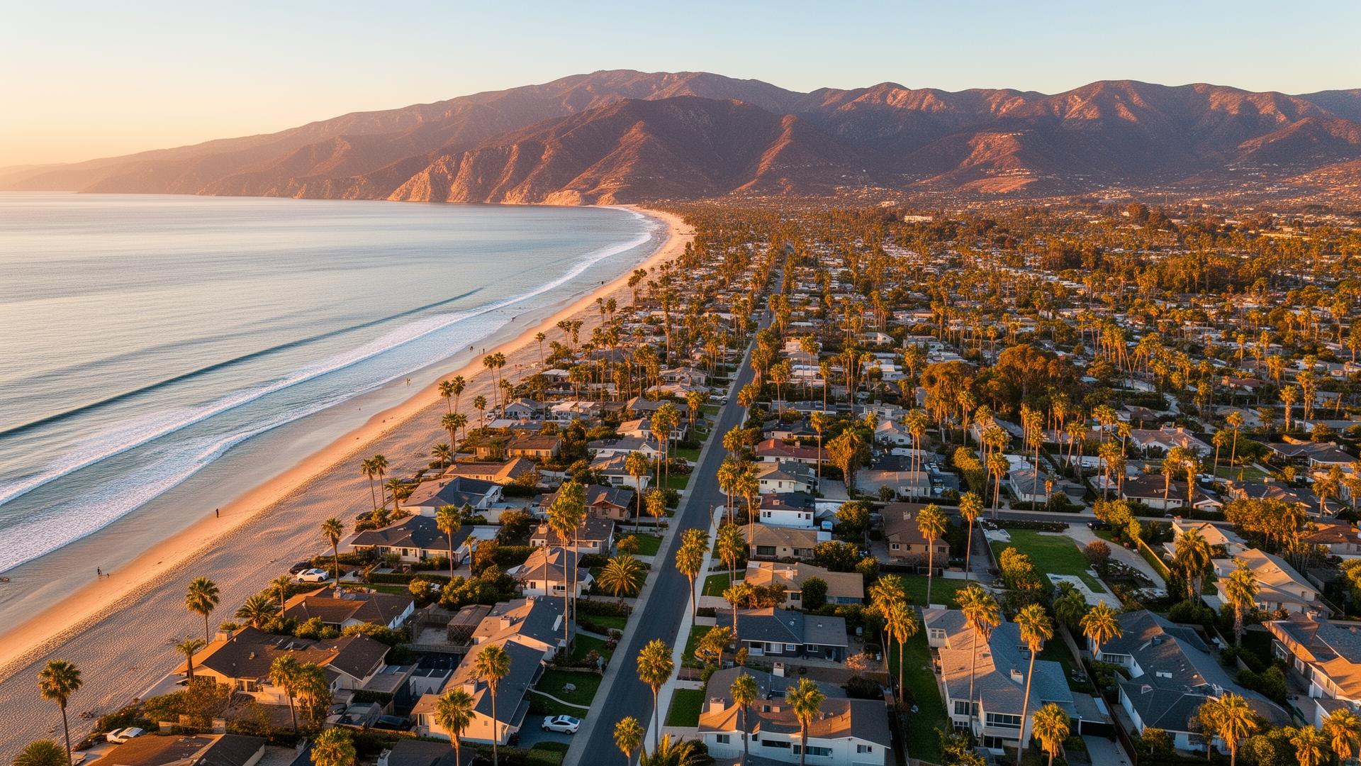 Aerial view of Carpinteria California coastal neighborhood with mountains and beach