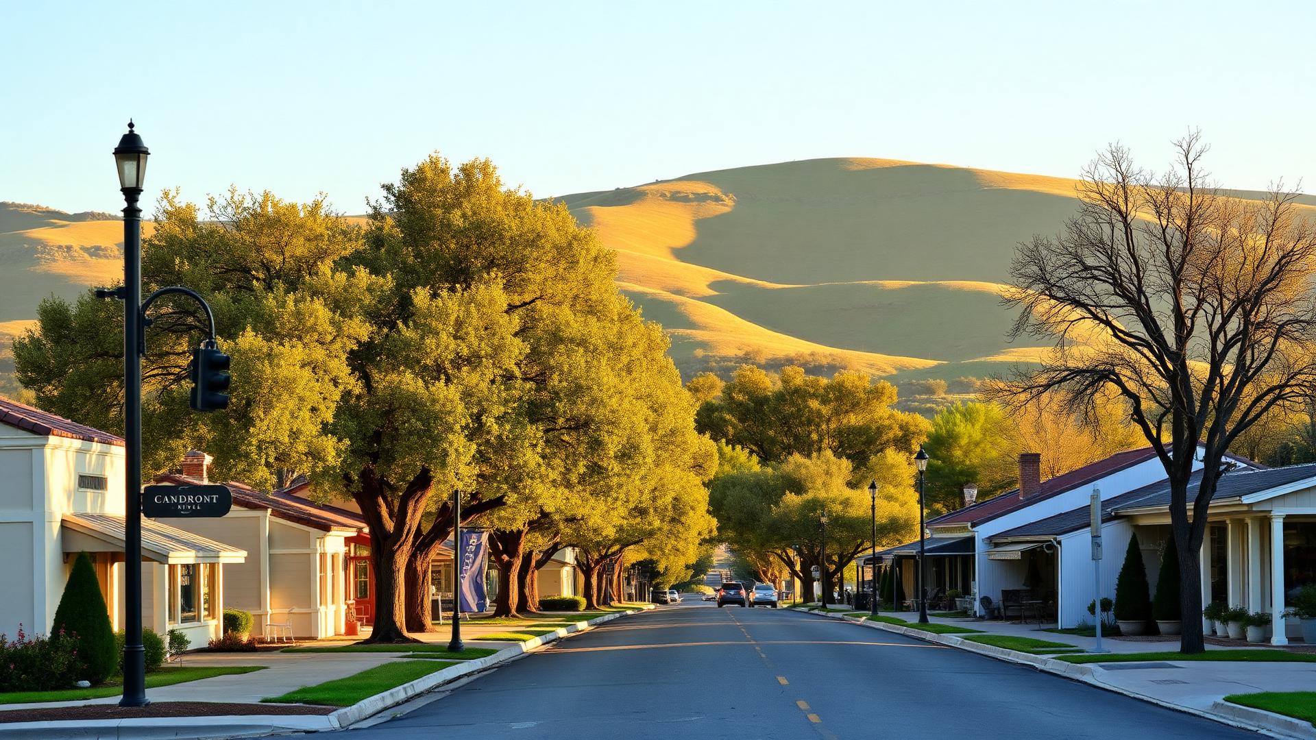 Los Olivos California wine country town with oak trees and rolling hills