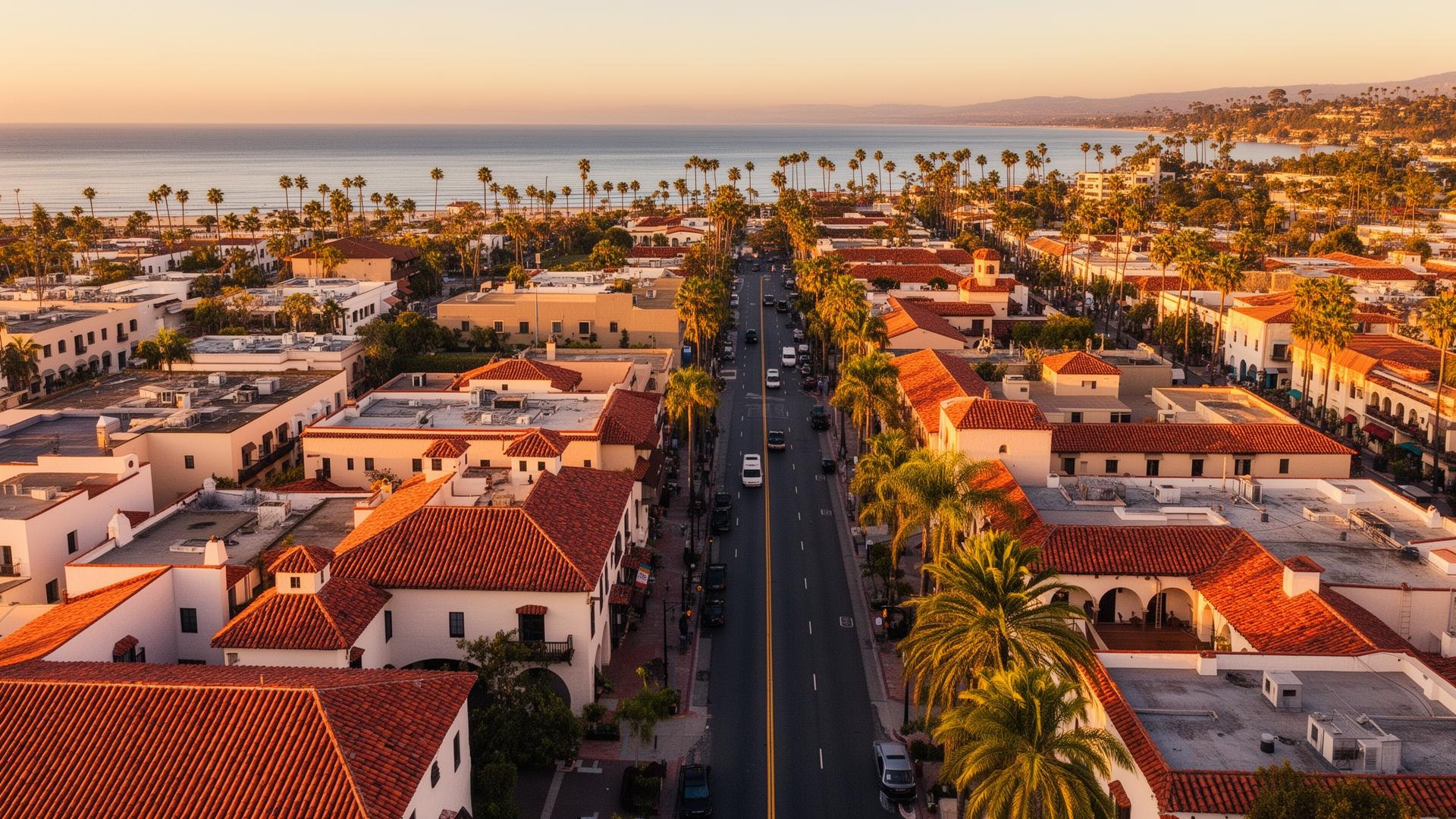Aerial view of downtown Santa Barbara State Street with Spanish architecture and ocean
