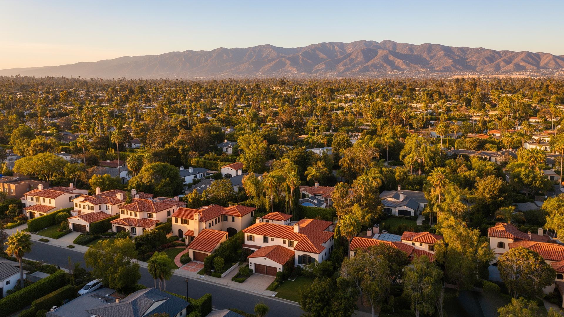 Aerial view of Santa Barbara San Roque neighborhood with Spanish-style homes and mountain backdrop