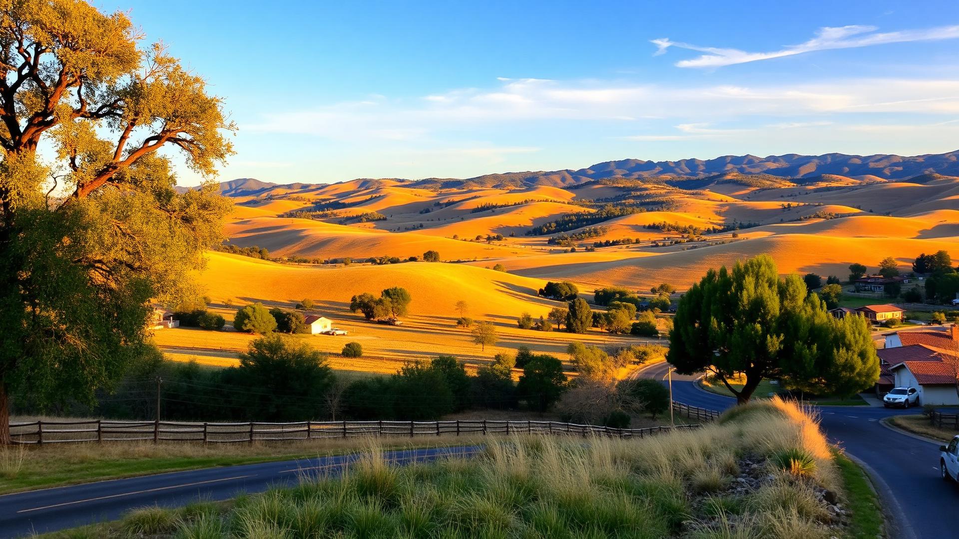 Santa Ynez Valley California with rolling golden hills and oak trees