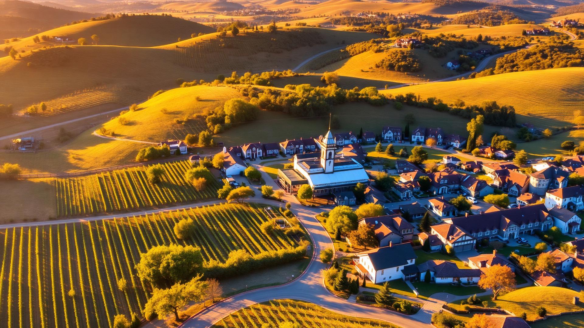 Solvang California in the Santa Ynez Valley with rolling hills and vineyard landscape