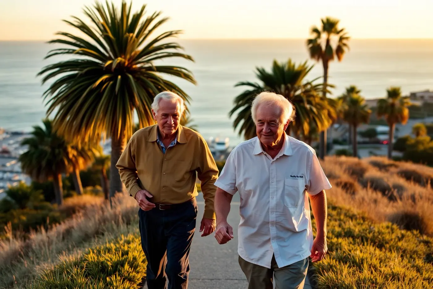 Age Well Care companion assisting a senior on a morning walk near Shoreline Park in Santa Barbara, CA